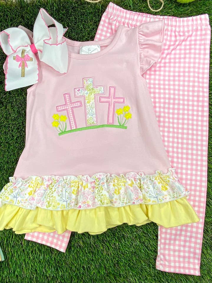 Cross Appliqué Easter Girls Leggings Set for wholesale by The Hair Bow Company
