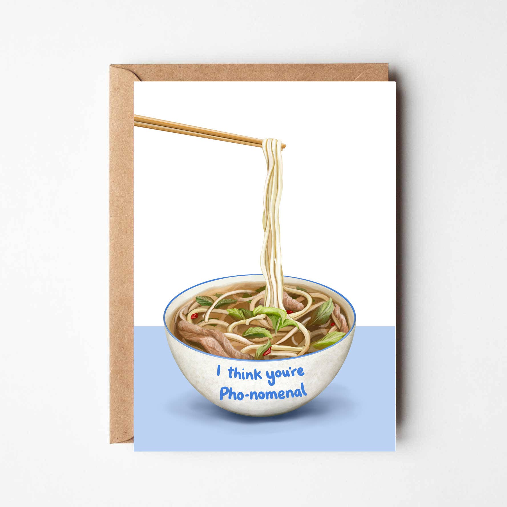 Katie Tinkler illustration – wholesale Love card – I think you're pho-nomenal noodle themed love card