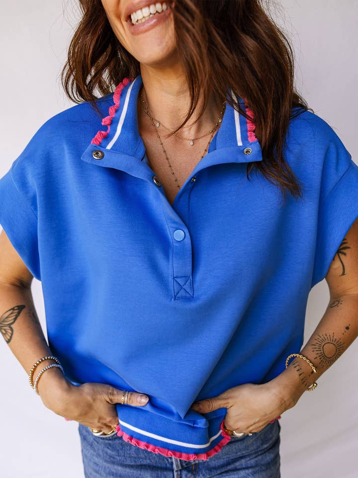 Lichtblauw Contrast Franje Trim Knoop Kraag Korte Mouw Gebreide Top voor wholesale door Lovesoft