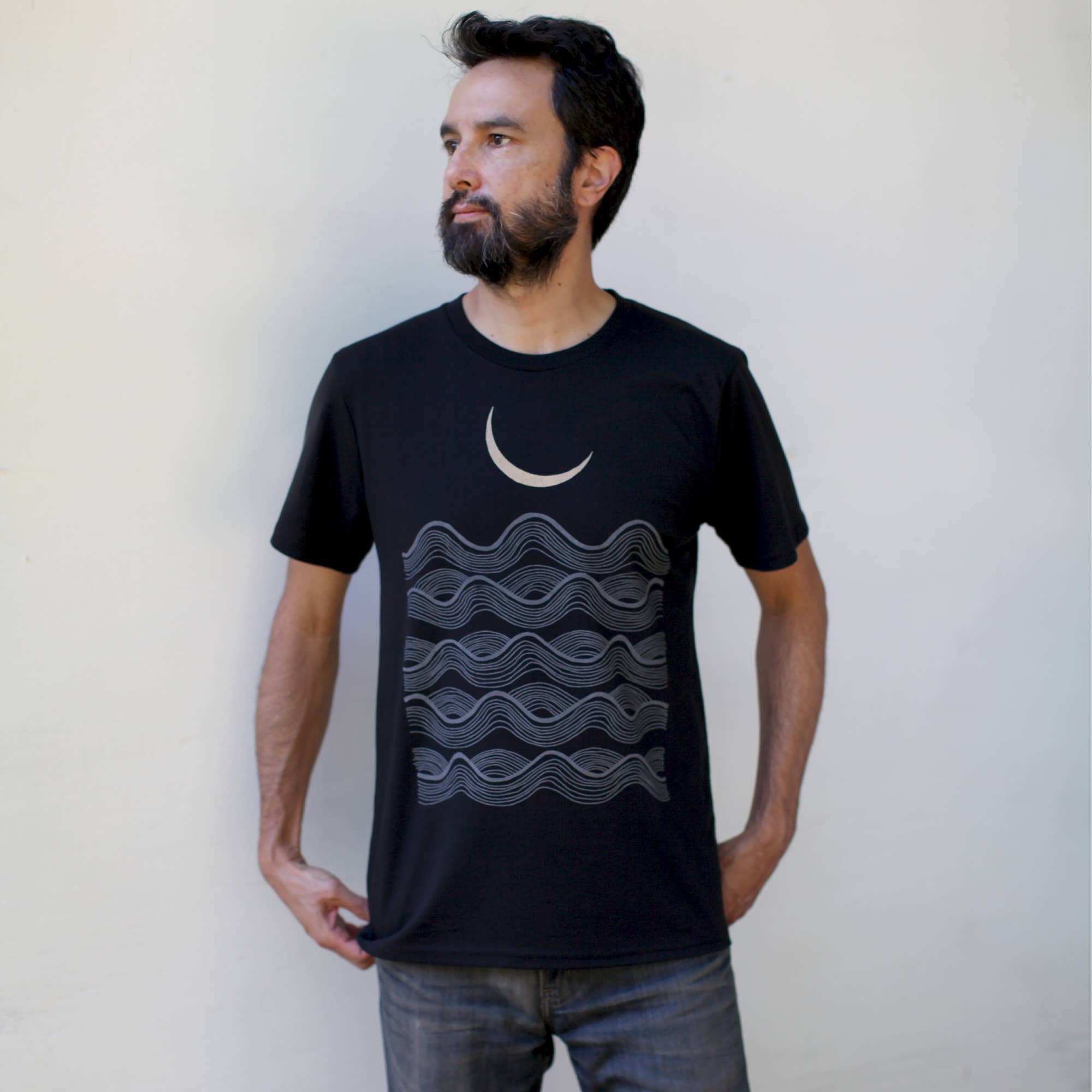 Blackbird Supply Co. - Wholesale Screen Printed T-Shirt - Men's - Full Fathoms Gold Moon and Ocean Waves Mens Tee Solid Black1
