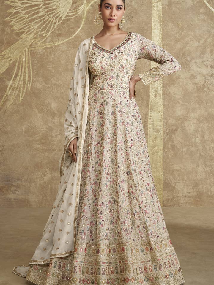 Off White Georgette Festival Anarkali Suit - Embroidery Work for wholesale by HATKE BRIDE