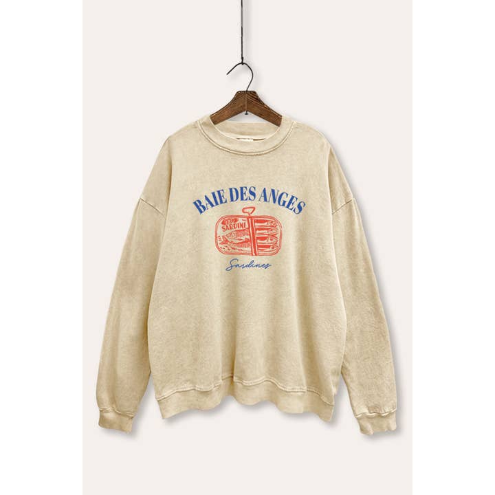 SWEATSHIRT DÉLAVÉ MINÉRAL GRAPHIQUE SARDINES BAIE DES ANGES pour la vente par VINTAGE POINT USA