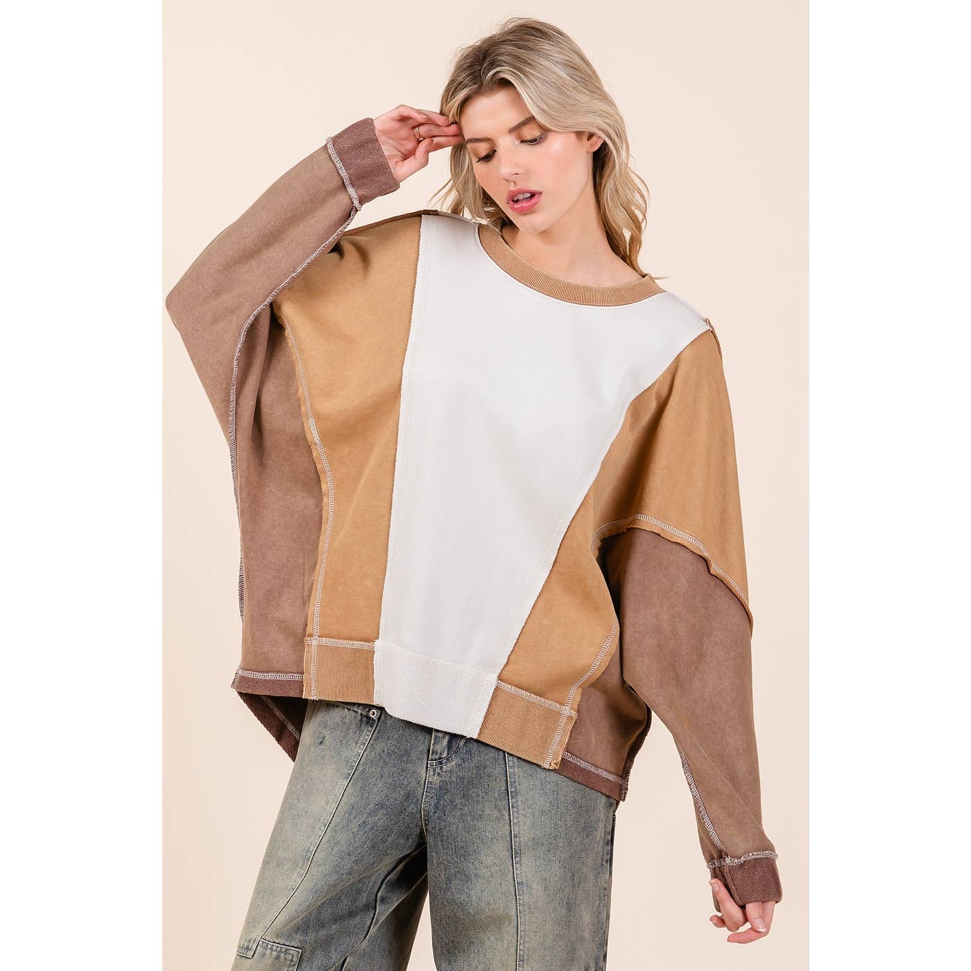 mittoshop - Wholesale Sweatshirt - Women's - MINERAL WASH COLOR BLOCK DOLMAN SLEEVE PULLOVER11