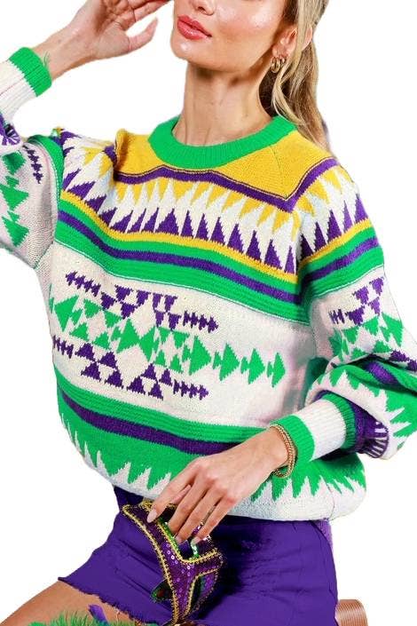 Vanilla Monkey - Wholesale Knitted jumper – Women′s - Aztec Mardi Gras Crew Neck Sweater Top0