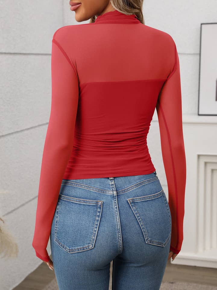 Lovesoft - Wholesale Knit Top - Women's - Women's Half High Neck Sheer Long Sleeve Sexy Y2K Mesh Top