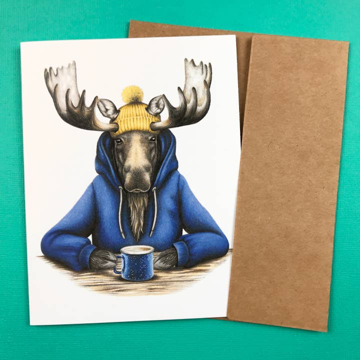 Abundance Illustration - Wholesale Everyday Greeting Card - A2 size hoodie moose with coffee greeting card -blank inside1