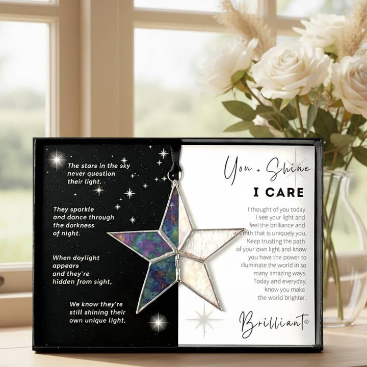 The Grandparent Gift Co. Inc. - Wholesale Keepsake Coin/Token - You + Shine: I Care Handmade Stained Glass Star 77050