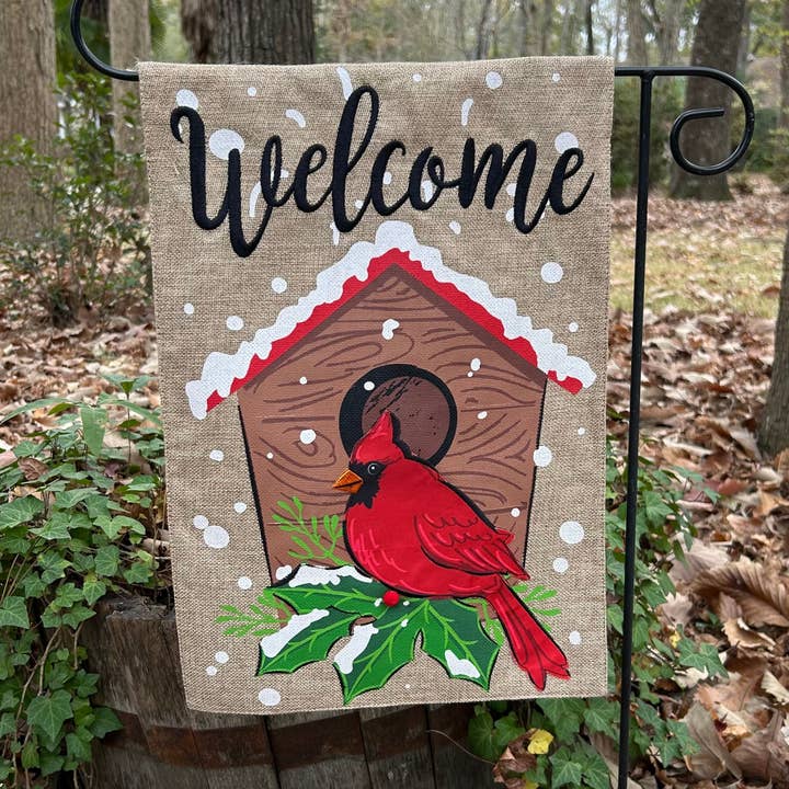 Christmas Winter Cardinal Burlap 2-Sided Garden Flag 12.5x18" for wholesale by JEC Home Goods Inc