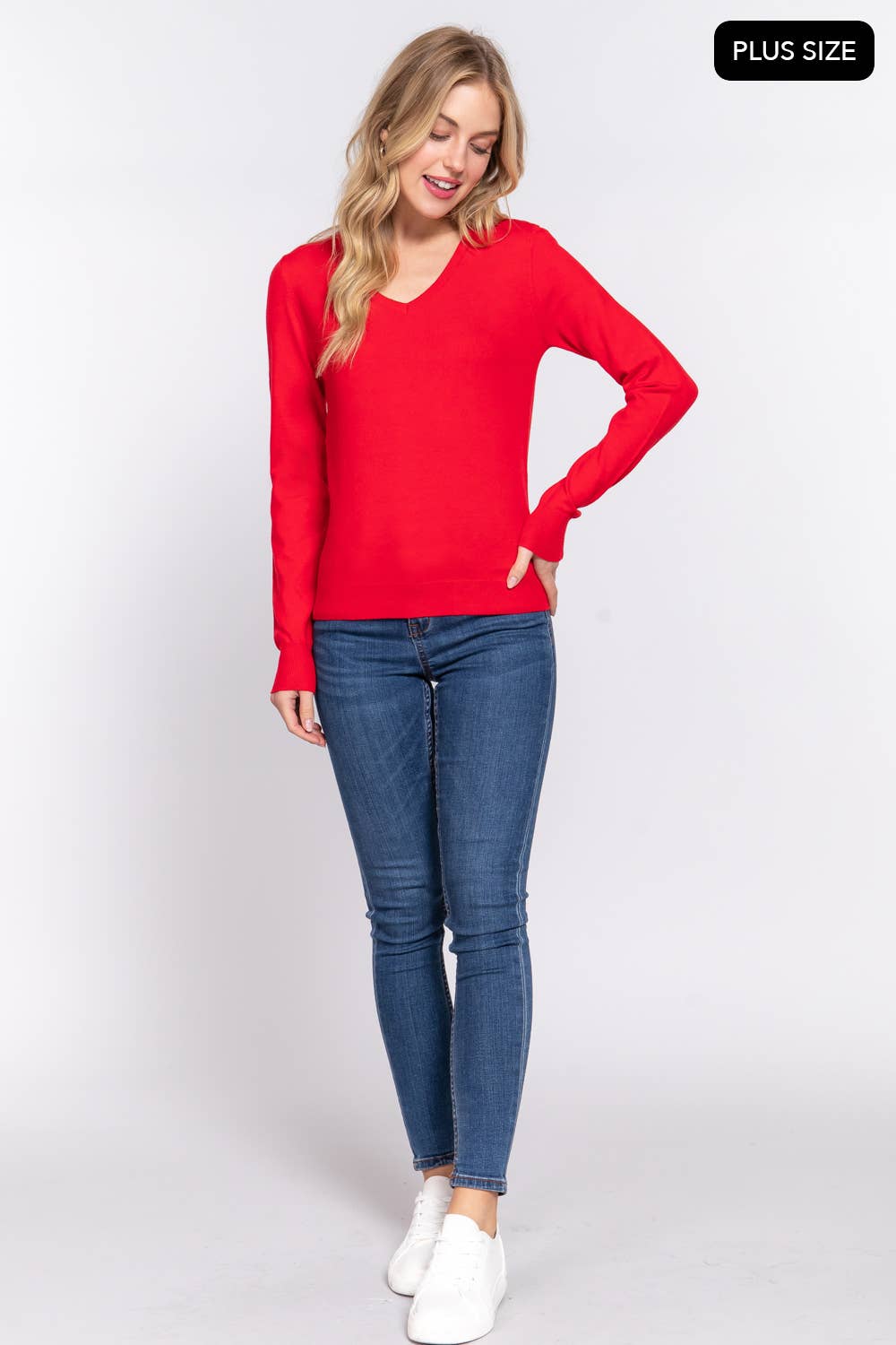 Active Basic | Active USA - Wholesale Knit Sweater - Women's - [PLUS SIZE] Long Sleeve V-neck Basic Sweater24