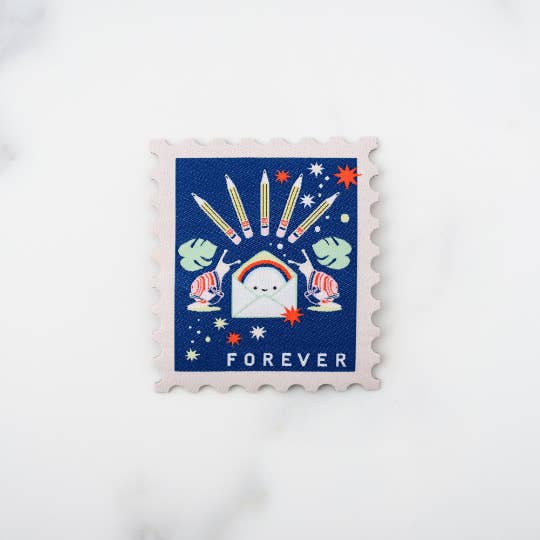 Snail Mail Bonanza Forever Stamp Woven Iron On Patch for wholesale by ILOOTPAPERIE