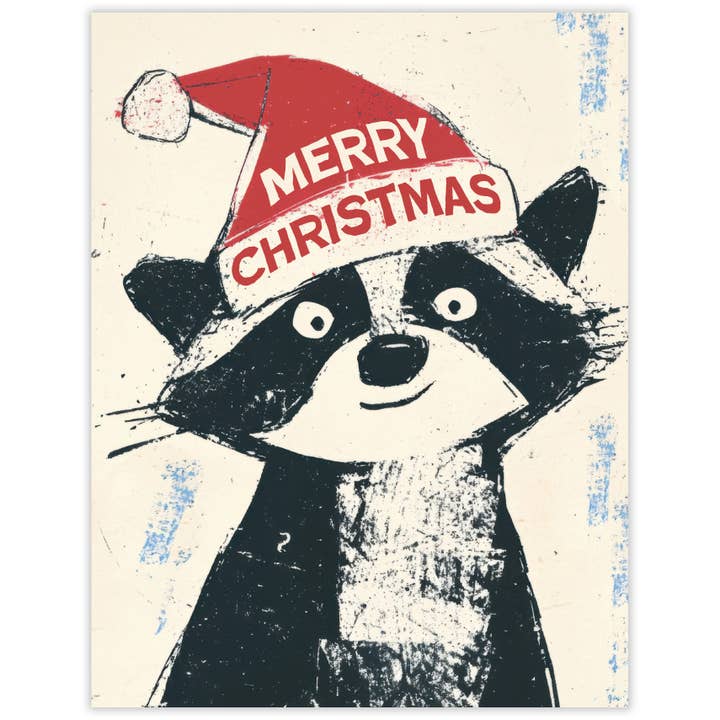 Cartão de Natal de Guaxinim com Chapéu de Pai Natal por atacado de Scarecrow & Nut Tree