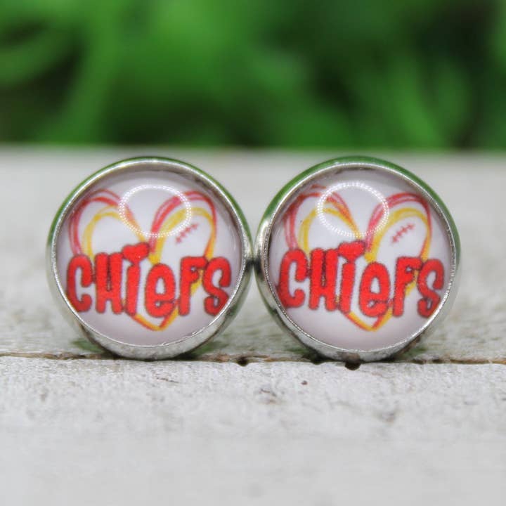 KC Chiefs Doodle Heart 12mm Glass Stud Earrings for wholesale by Hylidae Boutique