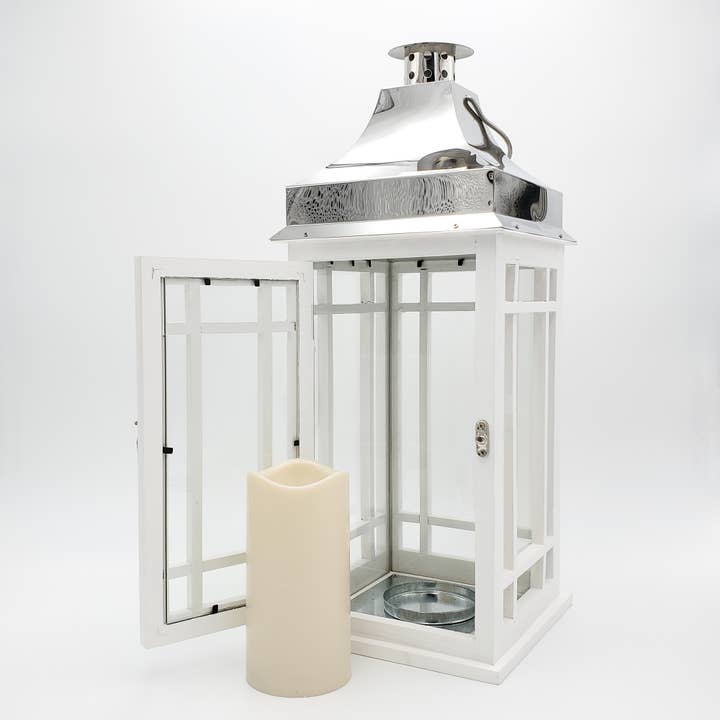 LumaBase - Wholesale Lantern - Wooden Lantern with Battery Operated Candle - White1