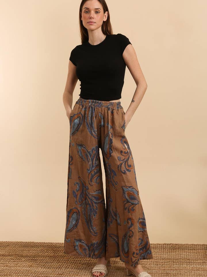 flared printed pants 996FN 100% linen for wholesale by la maison des fibres naturelles