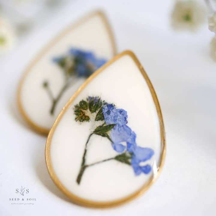 Large Forgetmenot Teardrop Studs for wholesale by Seed & Soil Botanical Jewelry