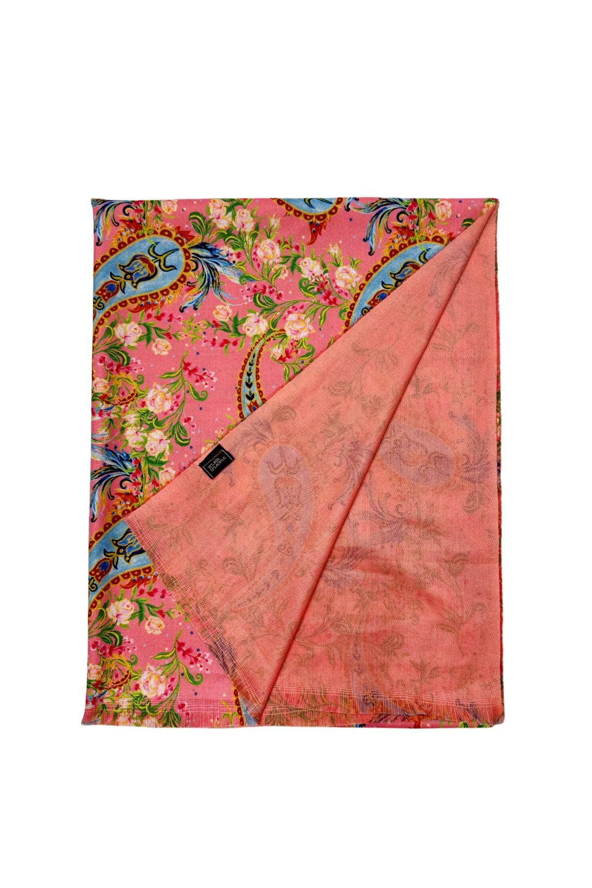 Salmon Pink Pretty Paisley Floral Print Wool Frayed Scarf for wholesale on Faire1