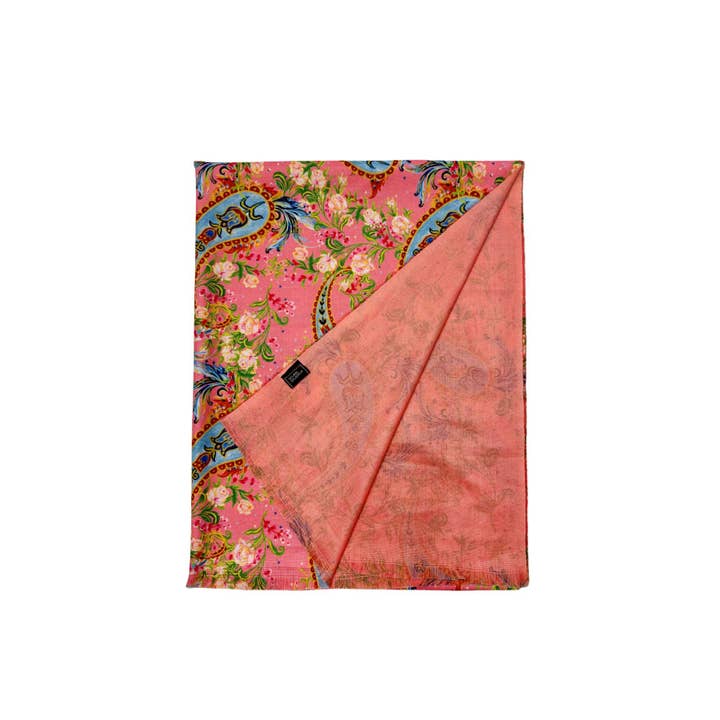 Salmon Pink Pretty Paisley Floral Print Wool Frayed Scarf for wholesale on Faire1