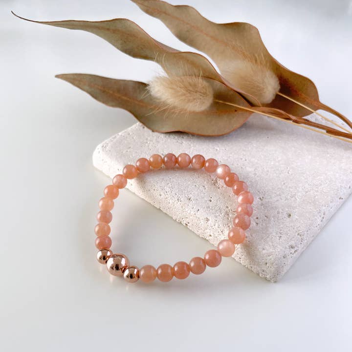 Trinity Bracelet with Peach Moonstone & 14k Rose Gold for wholesale by Ann Saint James
