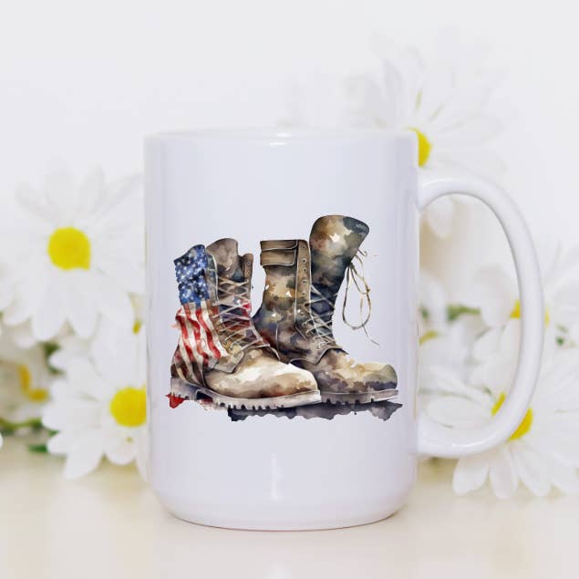 Prairie Chicken Sticker Shop & Gifts - Wholesale Coffee Mug - Military Combat Boots Watercolor Flag 15oz Coffee Mug