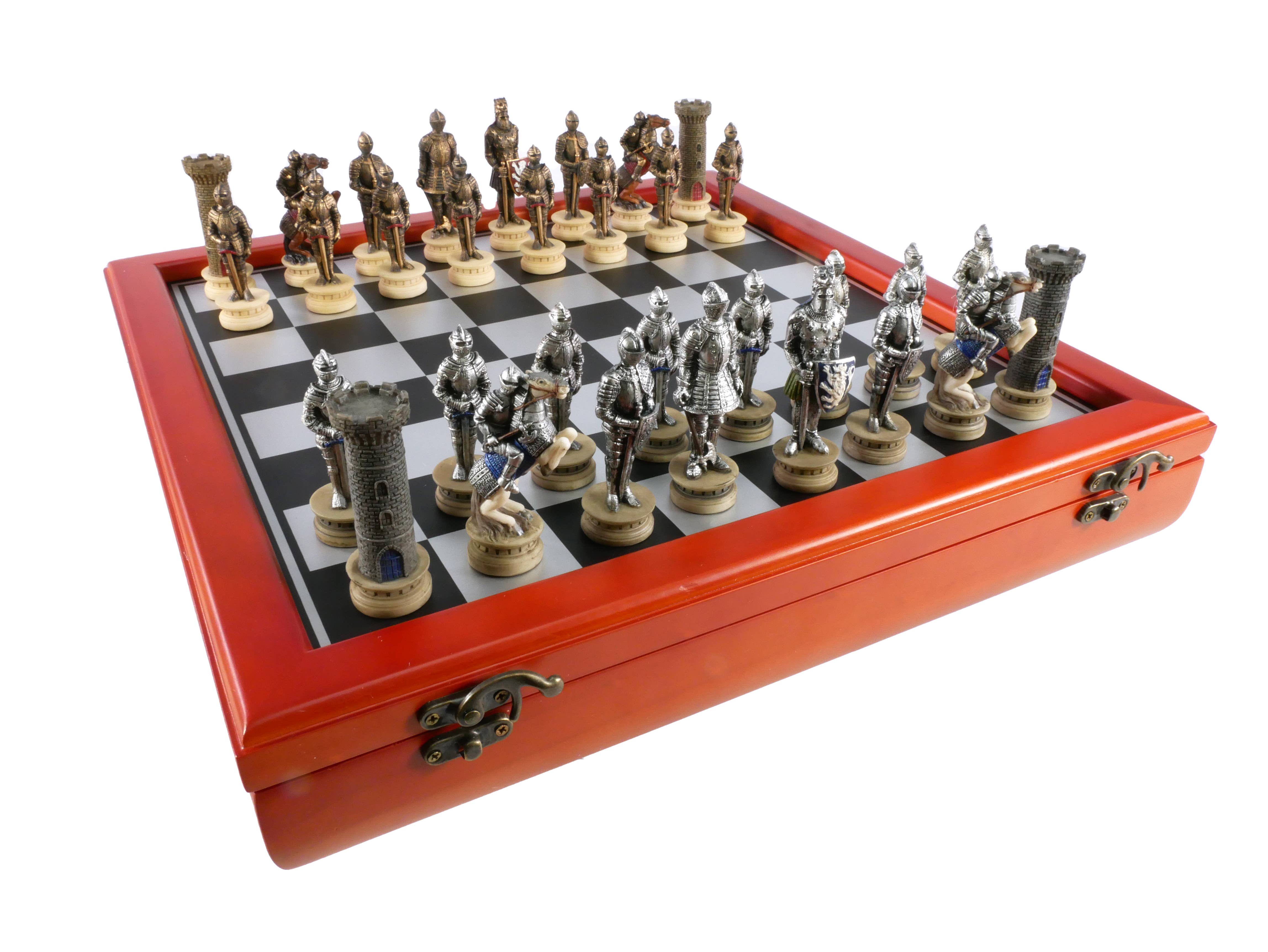 WorldWise Imports - Wholesale Board Game - Chess Set - Armored Knights Chess Pieces on Cherry Chest