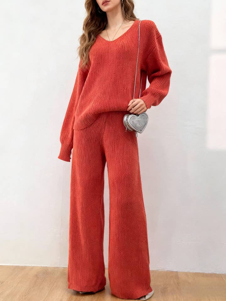V-Neck Loose Top Wide-Leg Pants Knitted Two-Piece Set for wholesale by Rosa Clothing