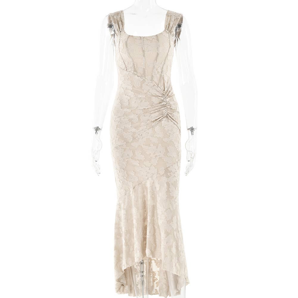 Rosa Clothing - Wholesale Dress - Women's - Ruffled lace slip floral jacquard maxi mermaid dress18