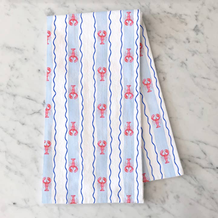 KelseyMDesigns - Wholesale Tea Towel - Lobster Striped Tea Towel - Coastal Summer Kitchen Tea Towel