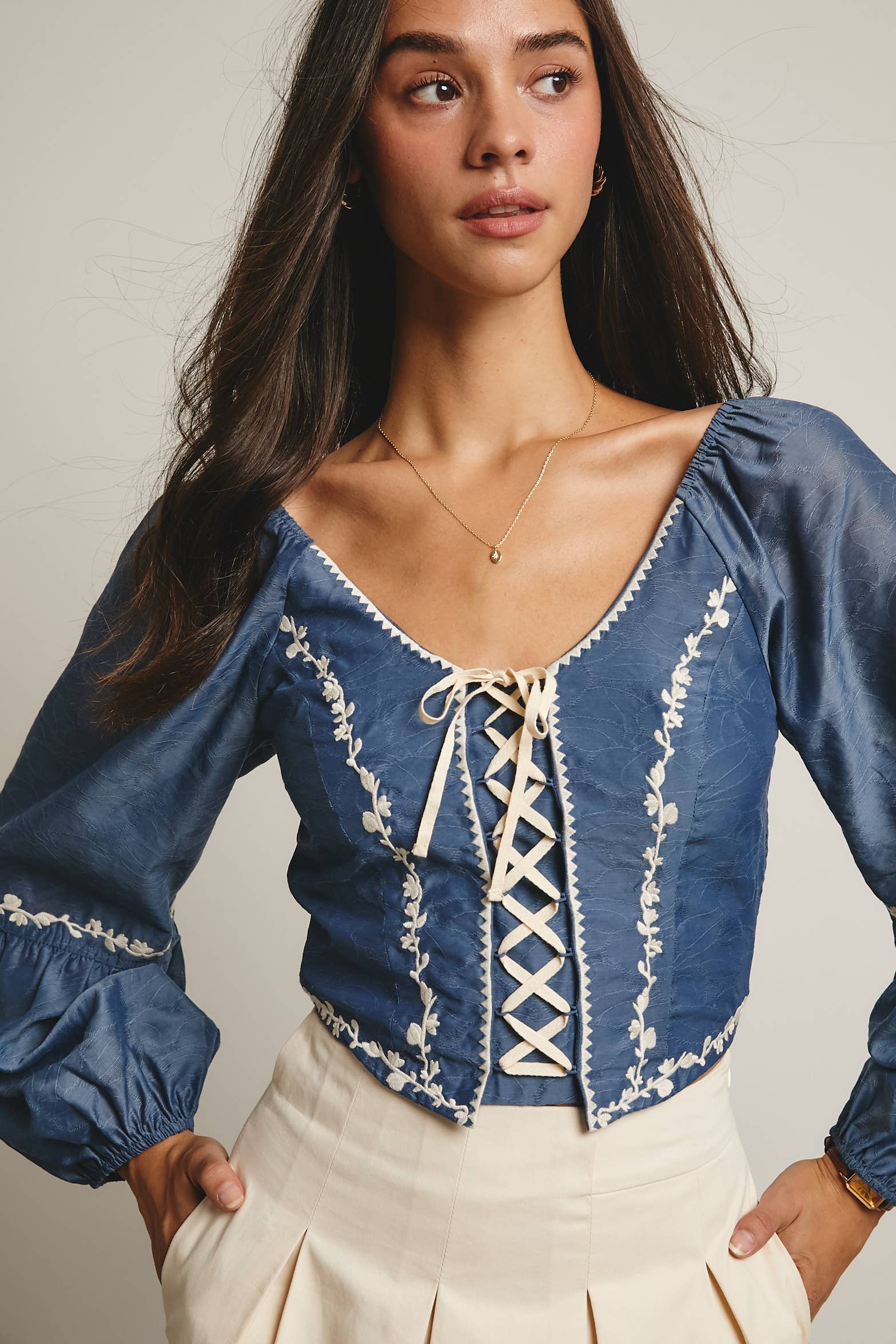 Forte - Wholesale Blouse - Women's - Lace-Up Embroidered Puff Sleeve Top FT0007 15