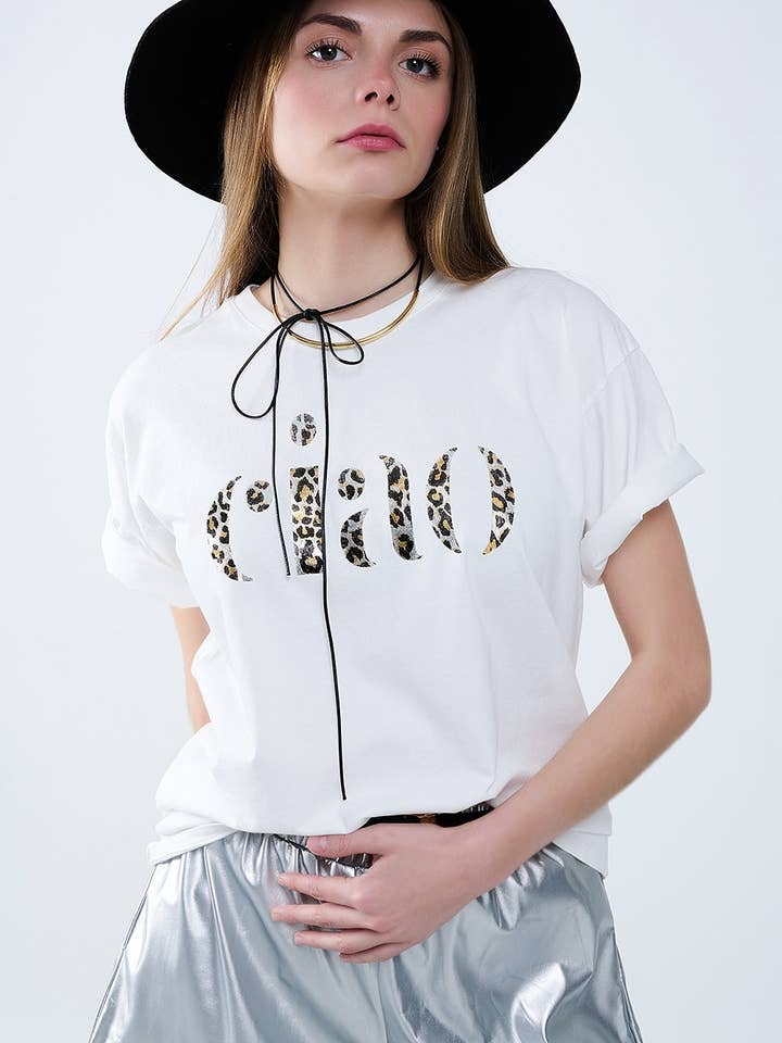 relaxed White T-shirt With Ciao in Leopard Print for wholesale on Faire