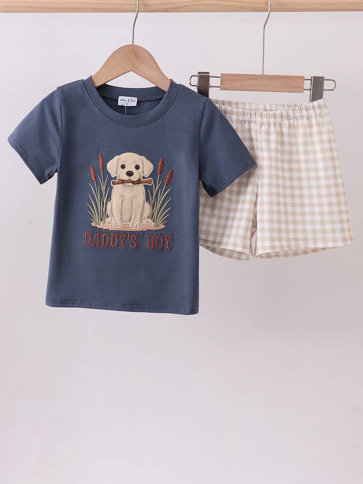 Set di pantaloncini vichy con applicazione cucciolo blu per la vendita all'ingrosso da parte di Aspen Rain Boutique