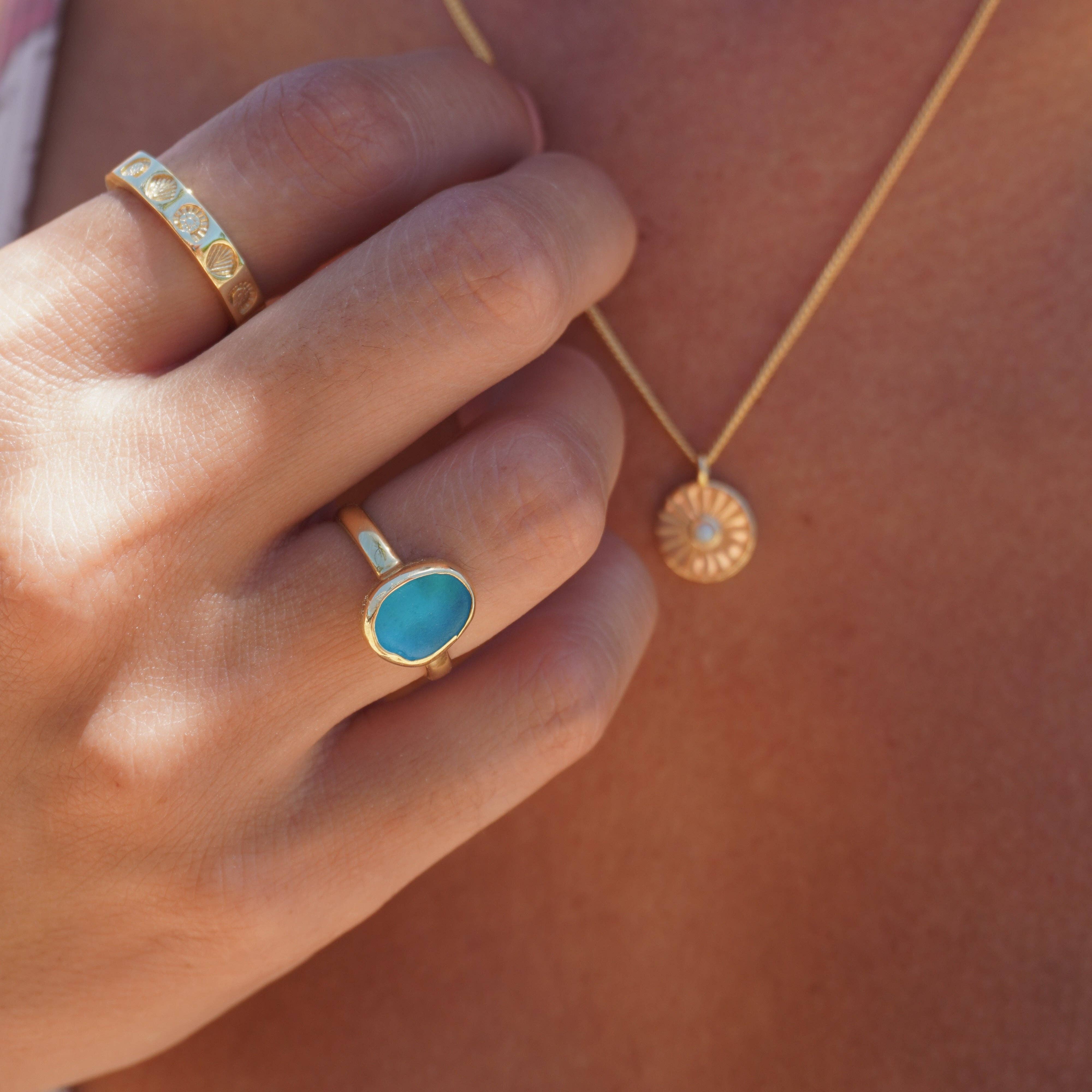 The Salty Gem - Vendita all'ingrosso Anelli con pietra singola/solitario - Anello Artigianale con Vetro Marino Blu3