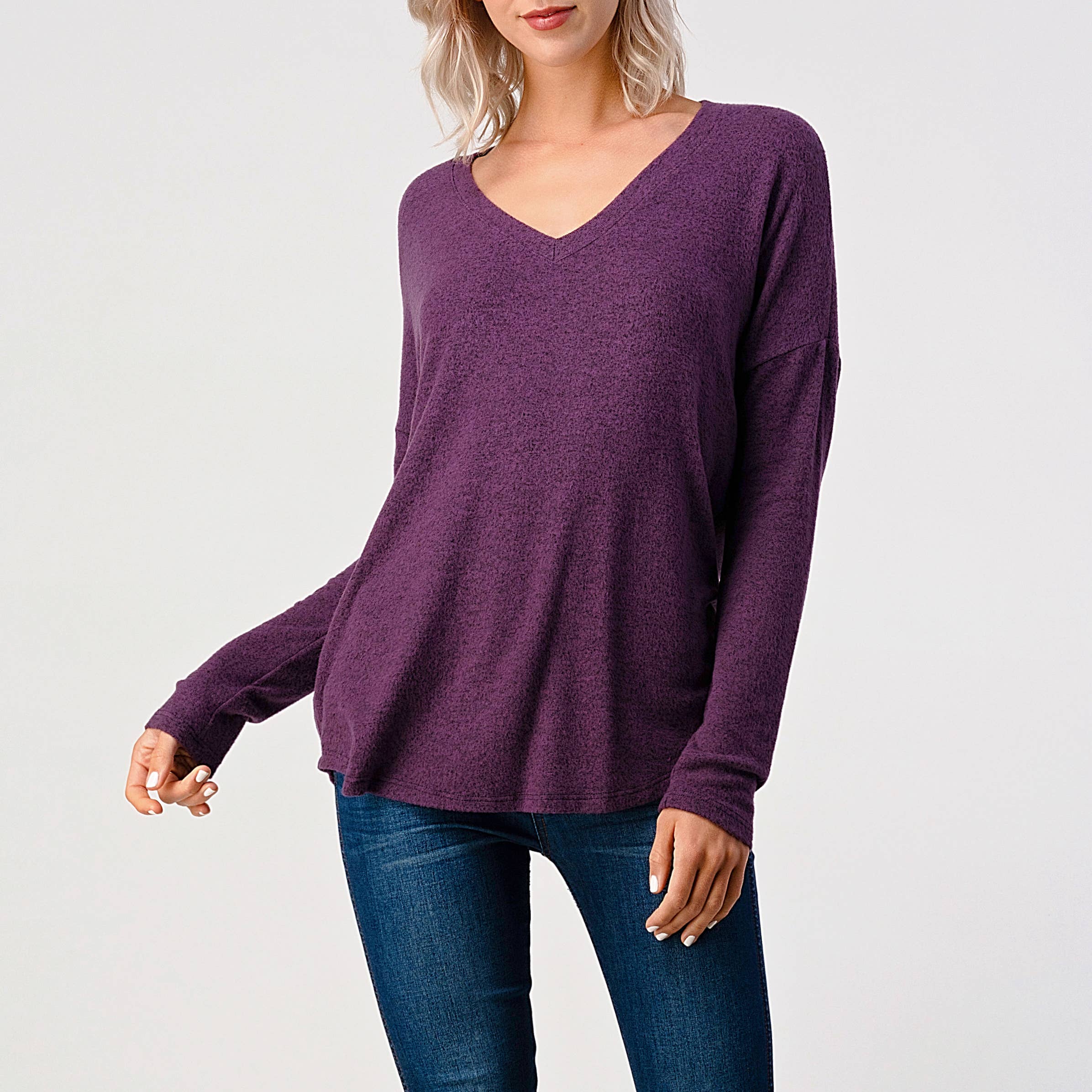 Heimious - Wholesale Knit Top - Women's - Long Sleeve V-neck Brushed Knit Top, 273868