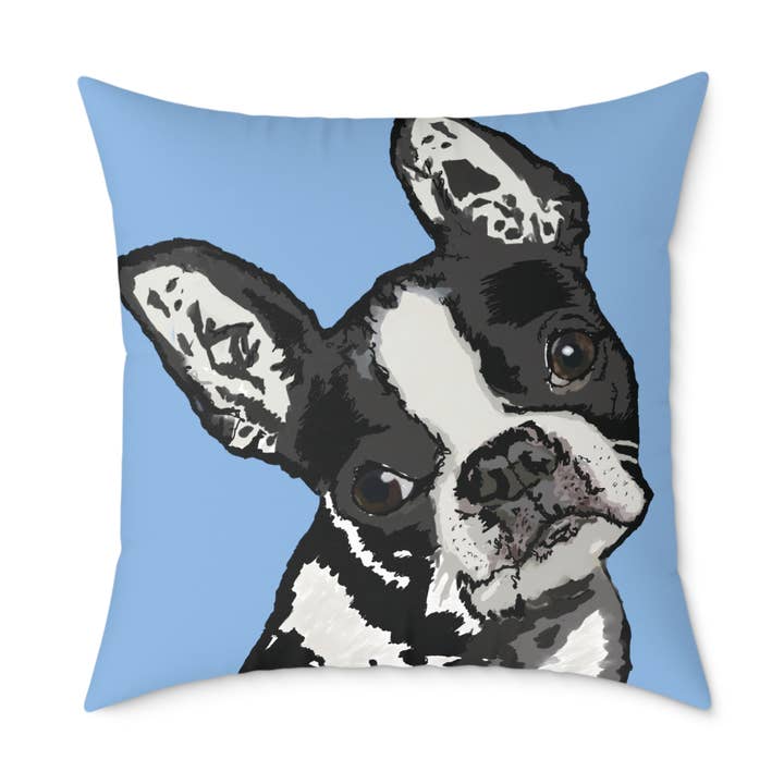 Blue Cava - Wholesale Throw/Decorative Pillow - Boston Terrier Throw Pillow — Cute Dog Portrait1