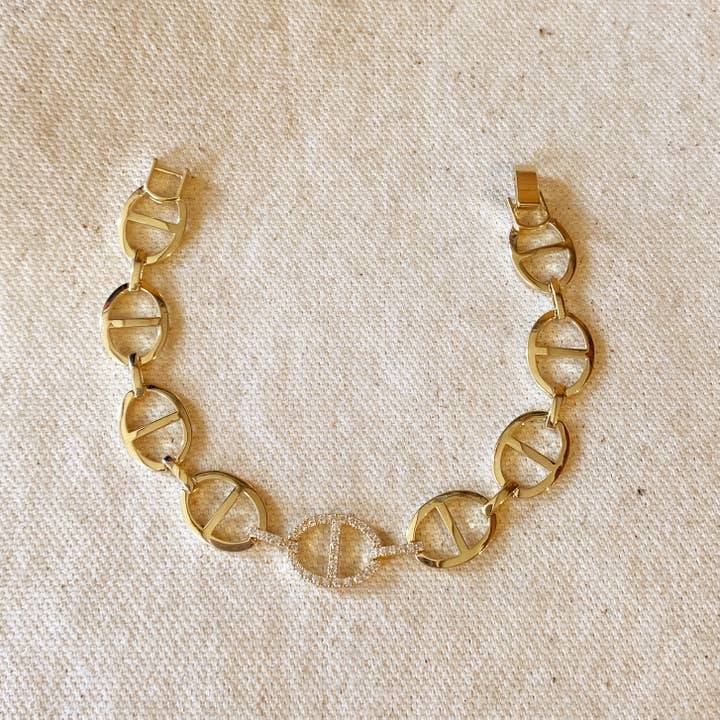 GoldFi - Wholesale Link & Chain Bracelet - Fancy Mariner Bracelet Cubic Zirconia Detail