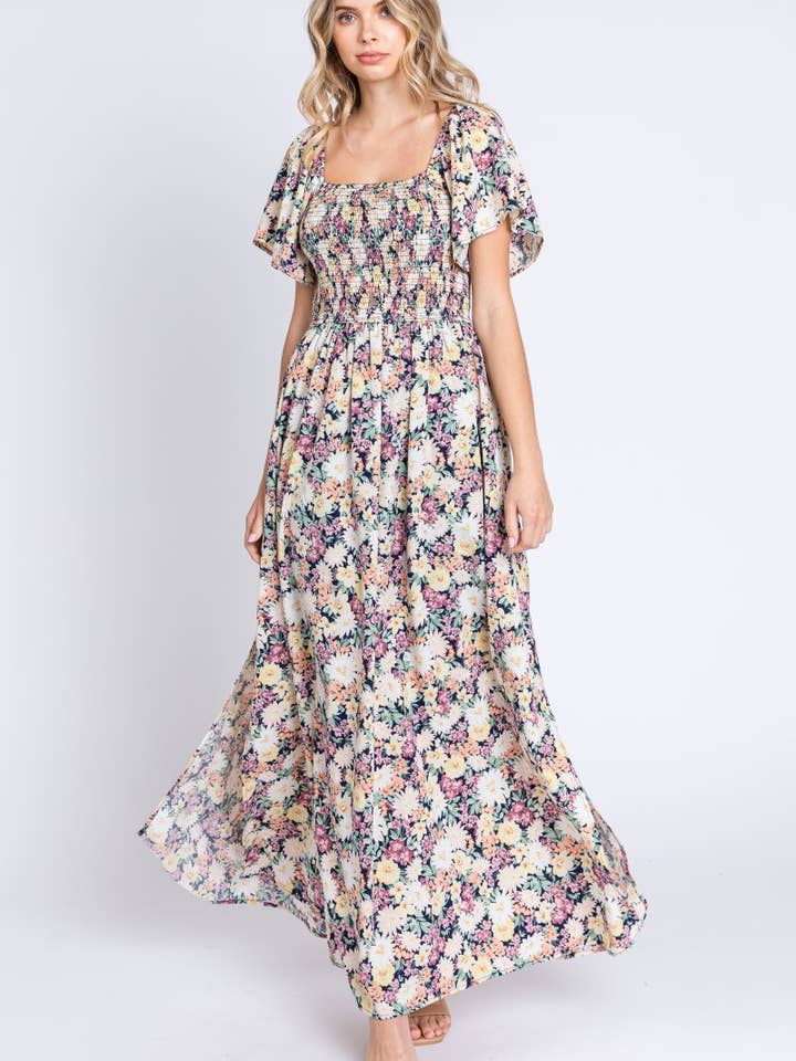 Floral Printed Long Dress-Navy for wholesale by ZiA Apparel