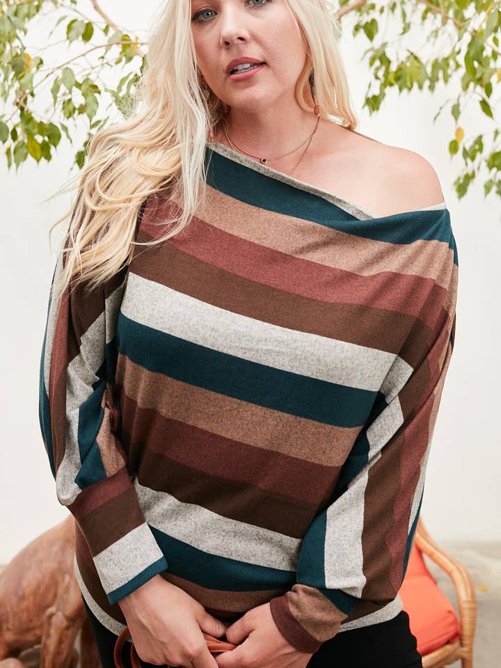 Boat Neck Long Bubble Sleeve Multi Stripe Print Knit Top for wholesale by Main Strip