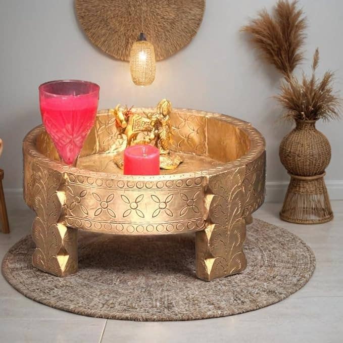 Wooden Brass Handmade Handicrafted Golden Embellished Chakki for wholesale by VIRATRA ART DECOR