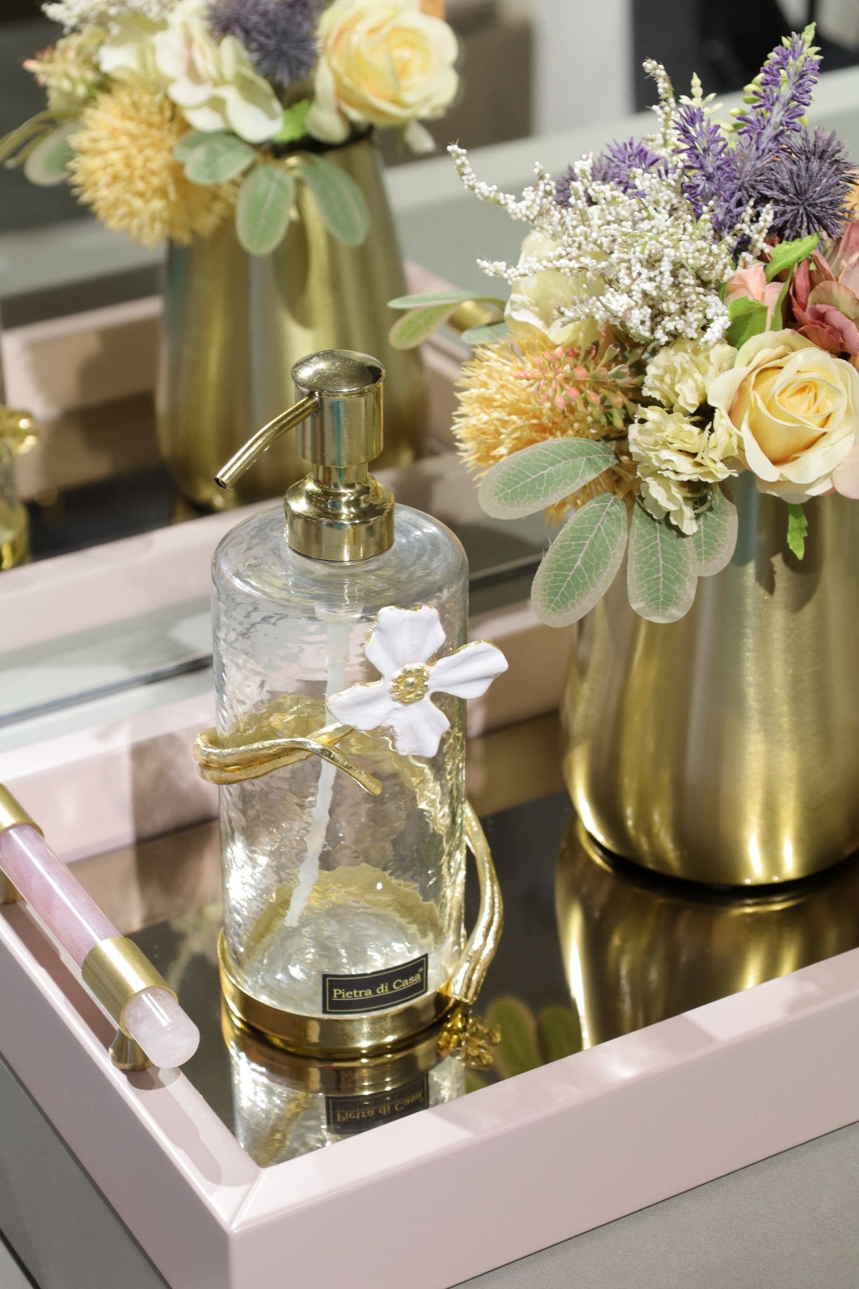 PIETRA DI CASA - Wholesale Soap Dispenser - KOPA Luxury Glass Dispenser Flower Appliqué Gold Accents1