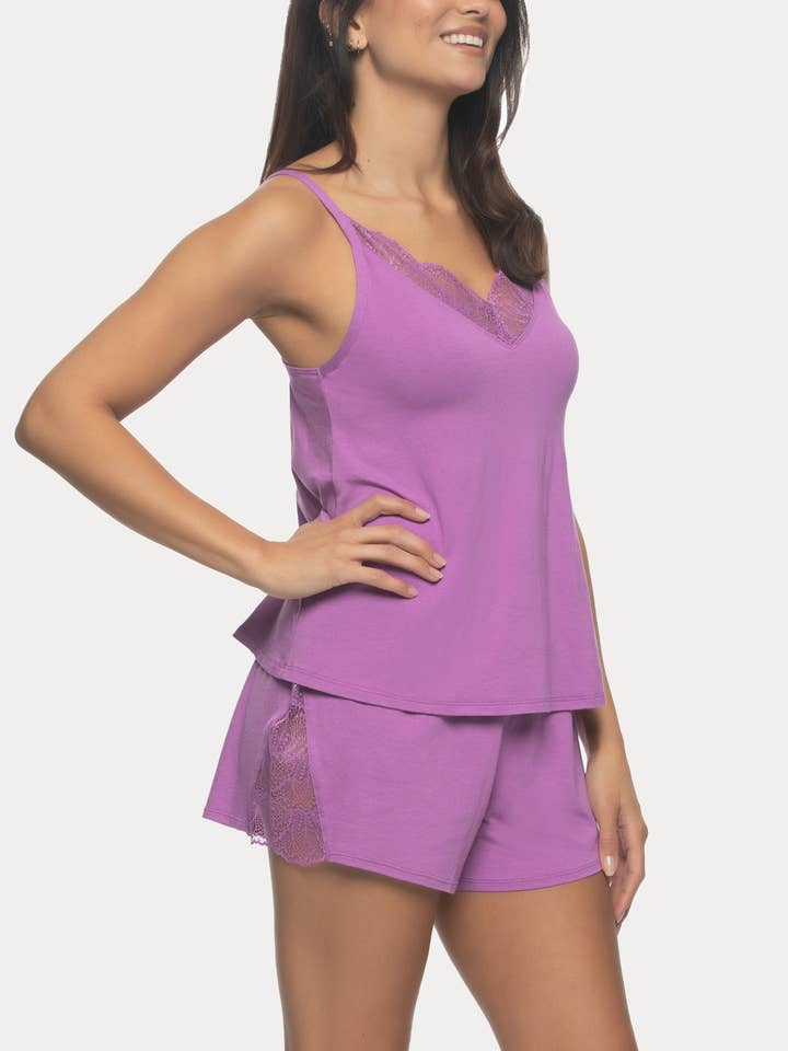Desiree Lace Trim Cami & Shorts Set - Iris Orchid for wholesale by Felina