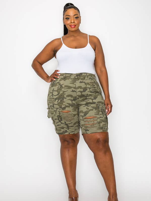 Plus Size Curvy Distressed Camo Cargo Shorts 5025P for wholesale by The Map Jeans