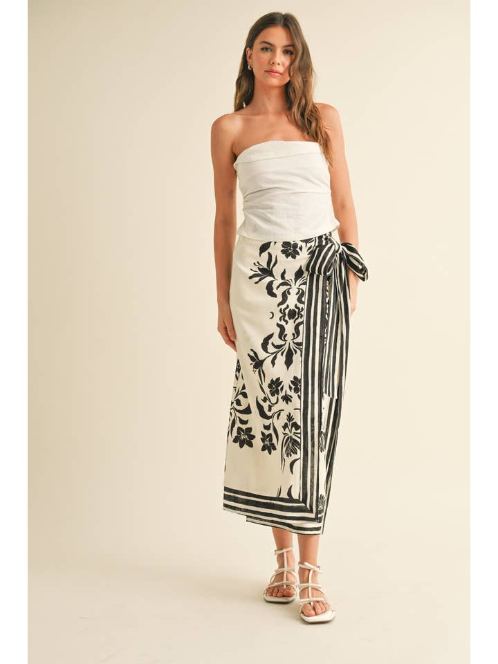 Black S5512 FLORAL PRINT LINEN WRAP SKIRT for wholesale on Faire