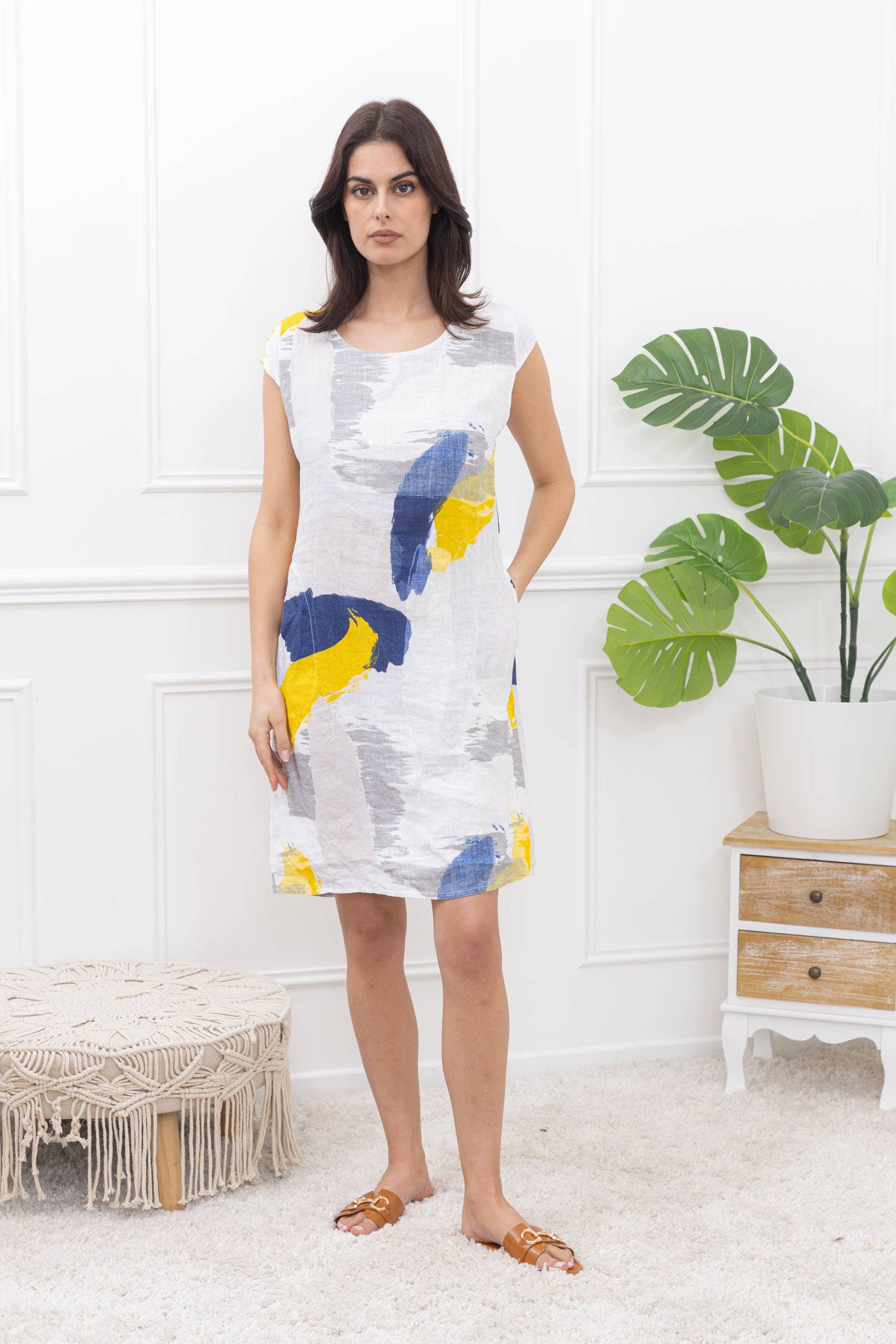Happy look - Wholesale Dress - Women's - Short sleeve abstract printed linen short dress 5