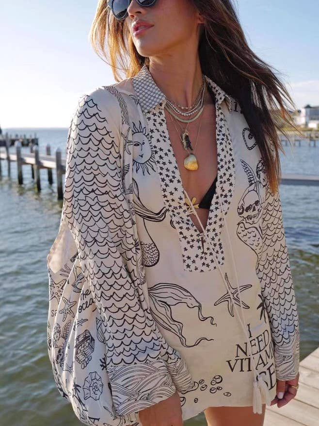 Rosa Clothing - Wholesale Top & Short Set (NOT Loungewear) - Women's - Vacay Ocean Print V-Neck Tassel Top & Shorts Set0