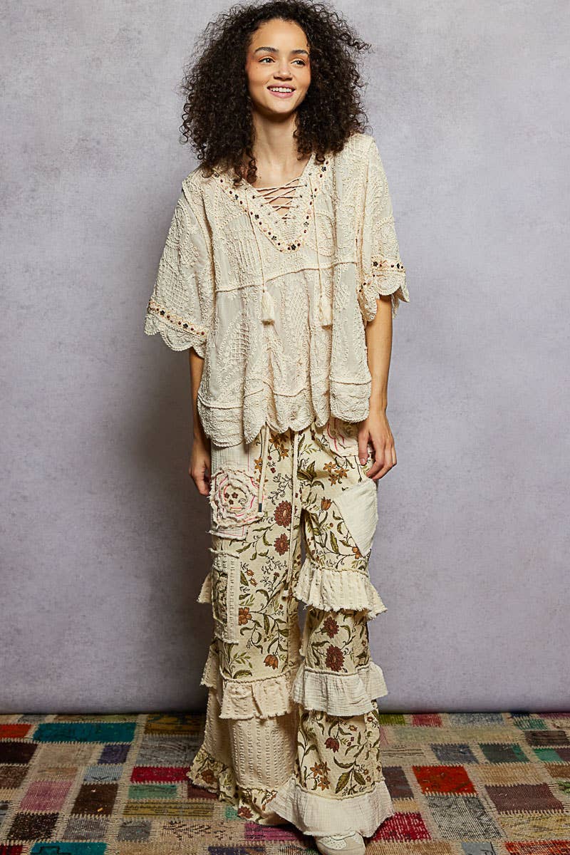 Pol Clothing - Wholesale Blouse - Women's - Short Sleeve Adjustable Drawstring Crochet V Neck Top24