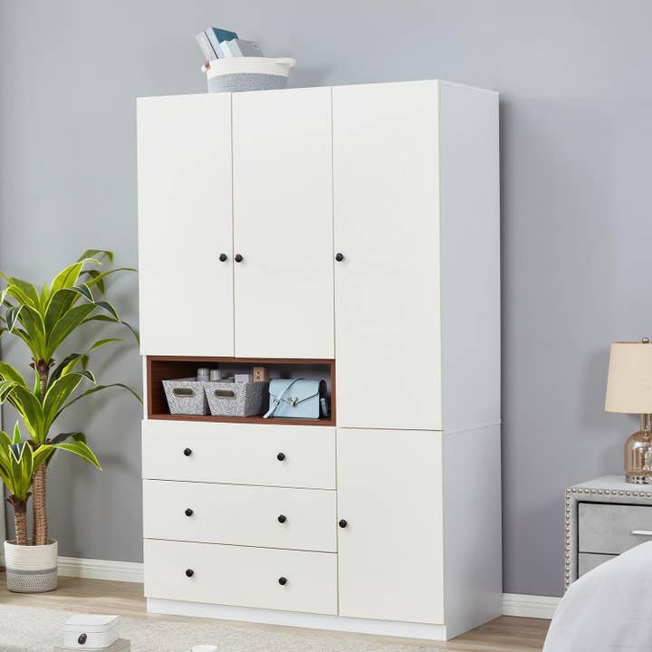 Livelylodge - Wholesale Cabinet - 3-Door Armoire Wardrobe Closet, Wooden 3 Drawers White color