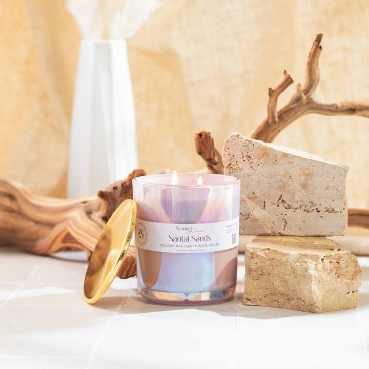 Santal Sands-13 oz Iridescent Lilac Glass Vessel/ Soy Candle for wholesale by Scented By Shayian