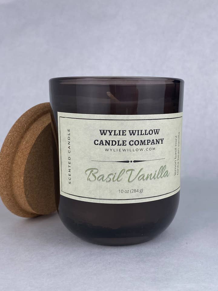 Basil Vanilla- 10 oz Wine Bottle + 6 oz Soy + Beeswax Candle for wholesale by Wylie Willow Candle Company