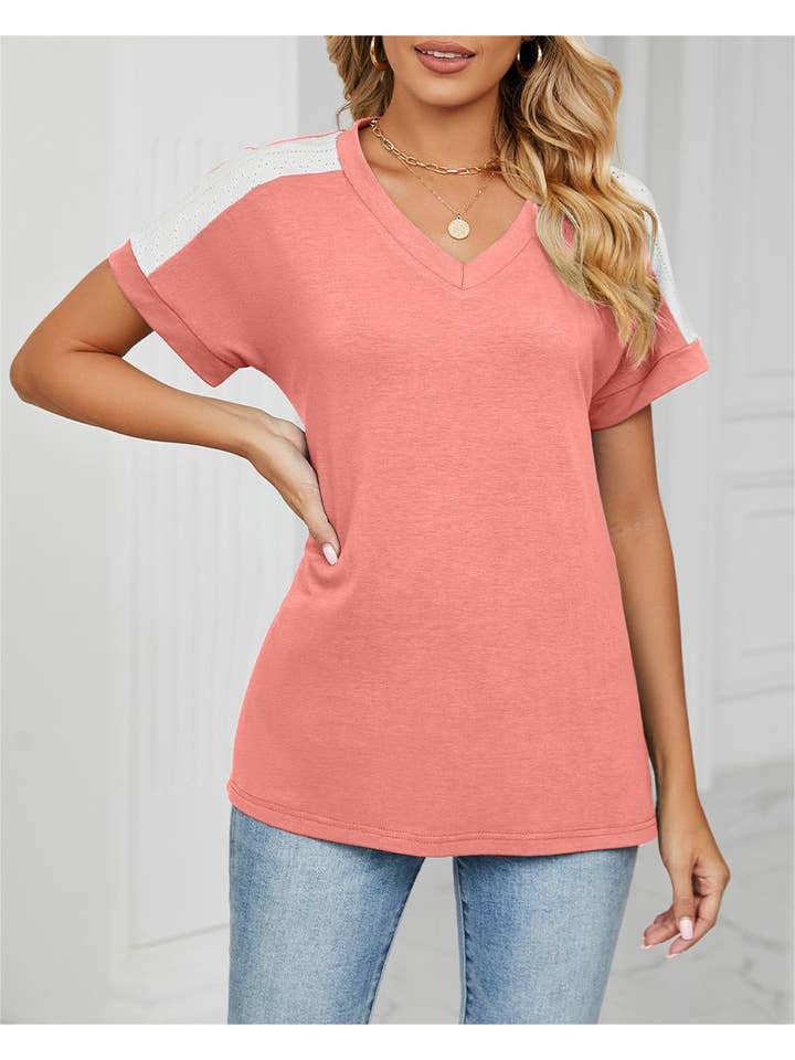 Rosa Clothing - Wholesale T-Shirt - Women's - Stylish contrast color loose short-sleeved t-shirt top6