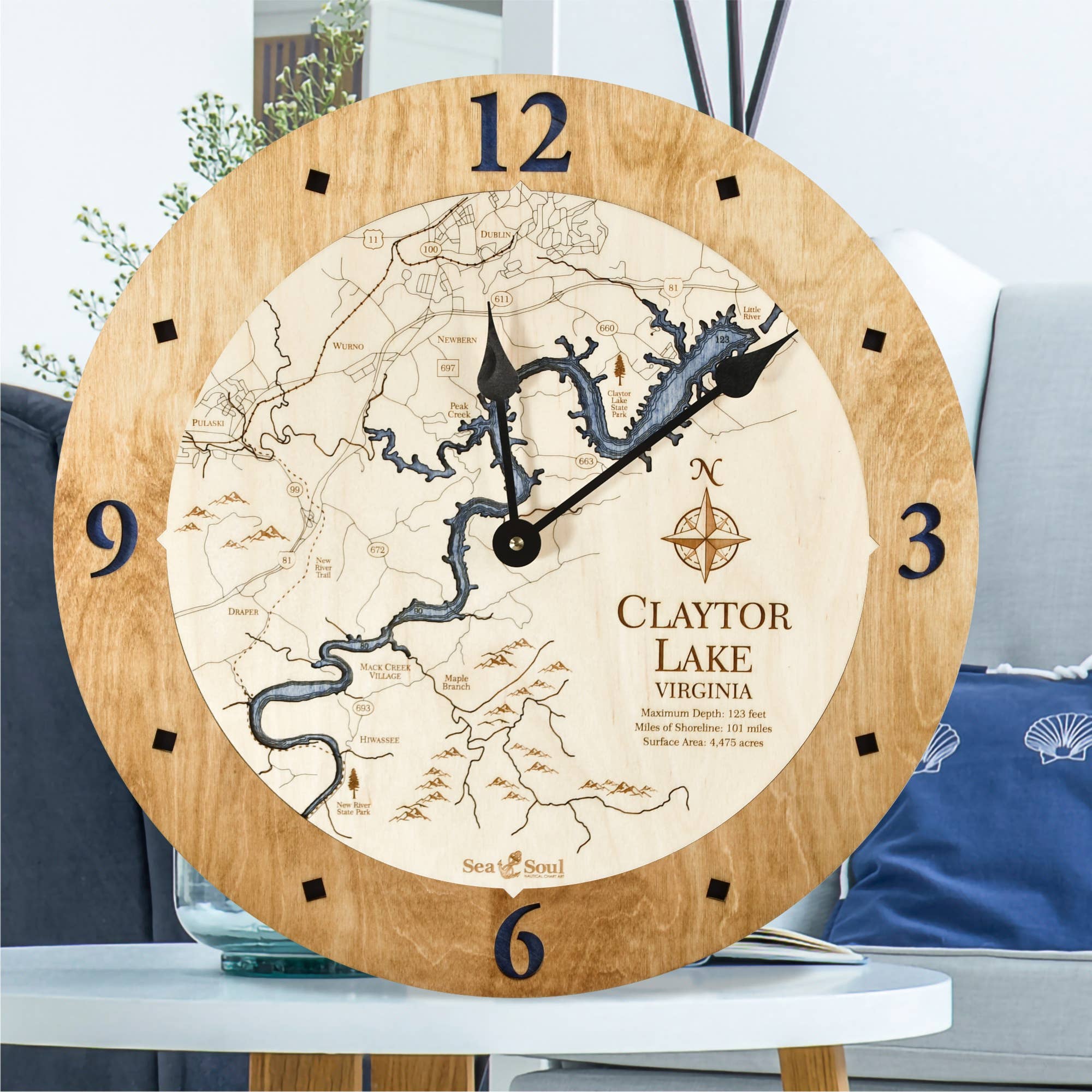 Sea & Soul Nautical Chart Art - Wholesale Wall Clock - Claytor Lake Virginia Nautical Map Wood Wall Clock - 2 Level5