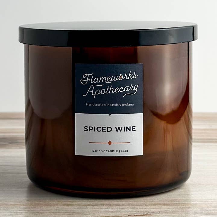 Spiced Wine 17 oz Double Wick Amber Jar Candle for wholesale by Flameworks Apothecary